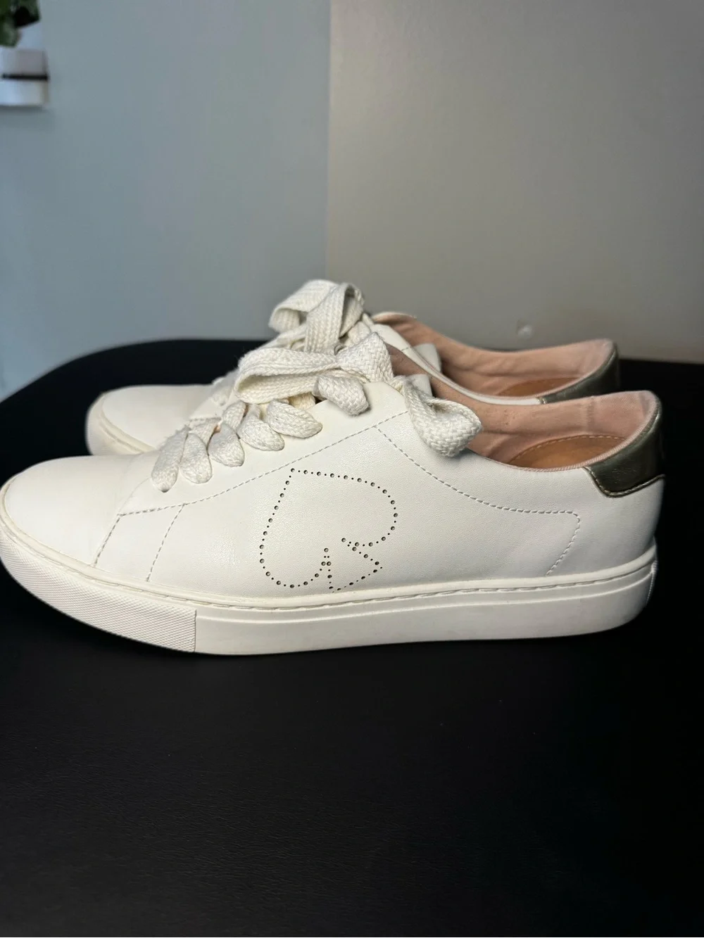 Kate Spade New York White Leather Low Top Lace-Up Sneakers Gold Heel Logo